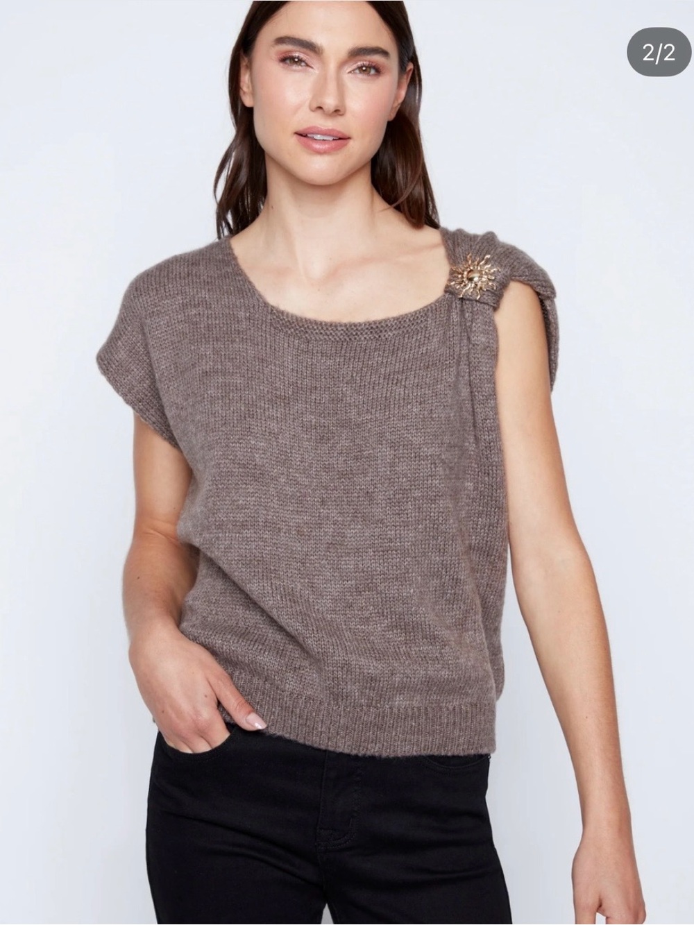 ViaVitale Cap Sleeve Taupe Knit Sweater with Brooch NWT Size Large Soft Italy